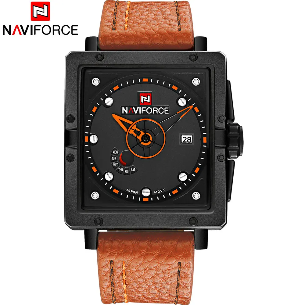 Prix pour NAVIFORCE 2017 Nouveau populaire marque homme montres de quartz de mode montre rectangle cadrans 30 M étanche orange en cuir bande Prix pour NAVIFORCE 2017 Nouveau populaire marque homme montres de quartz de mode montre rectangle cadrans 30 M étanche orange en cuir bande