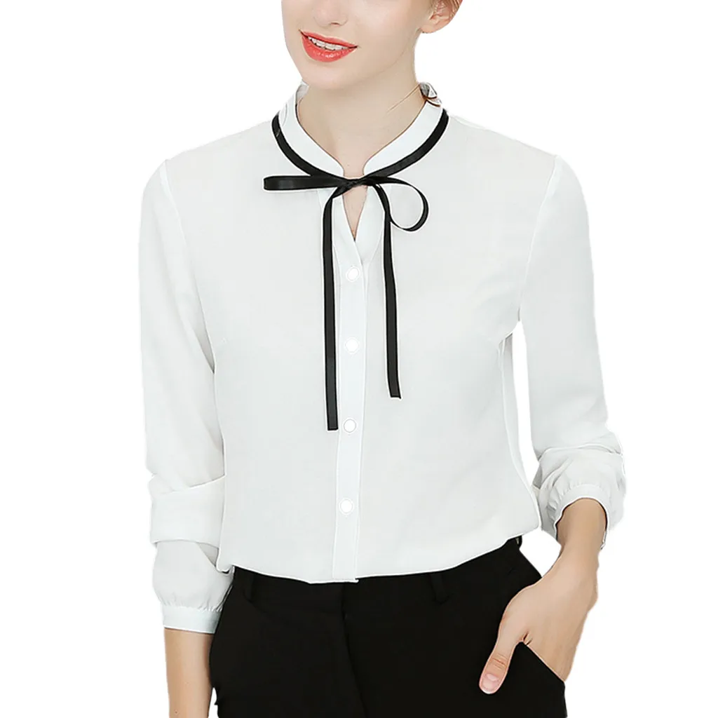 SAGACEC, однотонная женская рубашка с бантом, блузки для женщин с VNeck и длинным рукавом, элегантная женская одежда, Женская офисная блузка - Цвет: WH