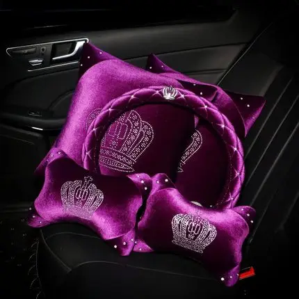 Зимняя плюшевая подушка с короной и кристаллами для девочек, фиолетовая подушка для головы, шеи, талии, Поддержка рулевого колеса, чехол для ремня безопасности - Цвет: 5pcs