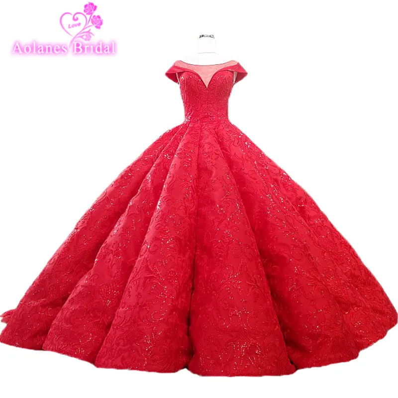 Aolanes 2018 Red Lace Sleeveless Cathedral Train Wedding Gowns