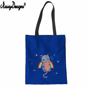 

NOISYDESIGNS Cartoon Cats Theme Printed Solid Canvas Handbag Bag Female Green Shopping Bag DIY Customized Summer Beach Bag