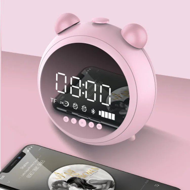 Зеркальный светодиодный будильник Ретро беспроводной Bluetooth динамик стерео бас сабвуфер с fm-радио Функция декор настенные часы - Цвет: Розовый