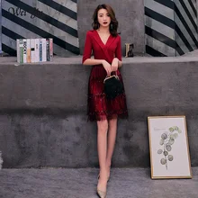 Wei yin 2021-vestidos de cóctel con cuello en V profundo, vestido rojo vino, Media manga, borla, vestido Formal de regreso a casa, Vestido corto de graduación WY1691