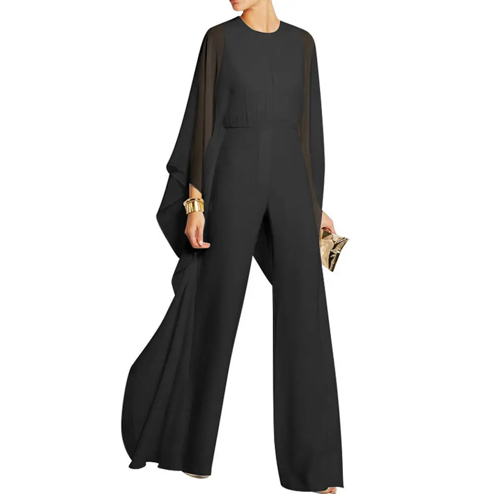 Women Formal Chiffon Jumpsuit Romper Ruffles Loing Sleeves Wide Leg