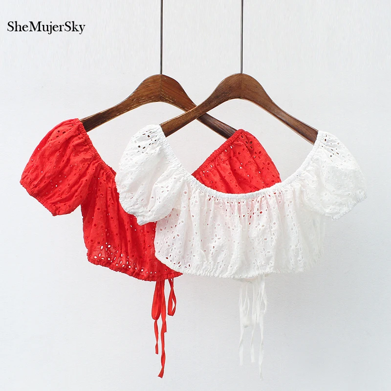 

Shemujersky Cotton Short Blouse Women Off Shoulder Lace Top Female Sexy Club Summer Blouse Clothes