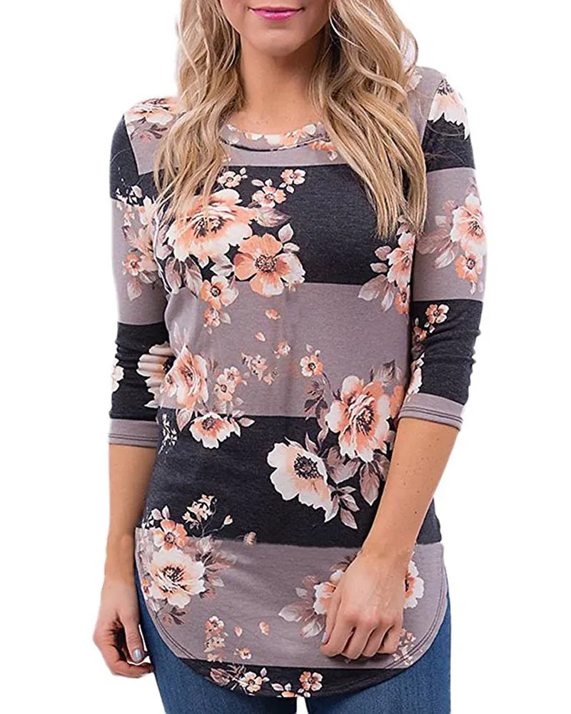

Hitmebox 2019 New Autumn Womens Crew Neck 3/4 Sleeve Floral Striped Print Tunic Tops Colorblock Asymmetrical Casual Tshirts