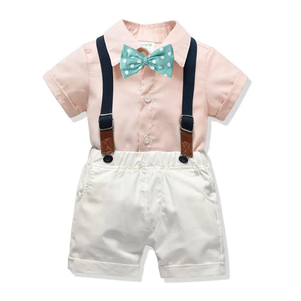 

1-6 Years Kids Boys Pink Shirt and White Shorts Suit for Wedding 100% Children Clothes Baby Boys Suspenders Set for Birthday