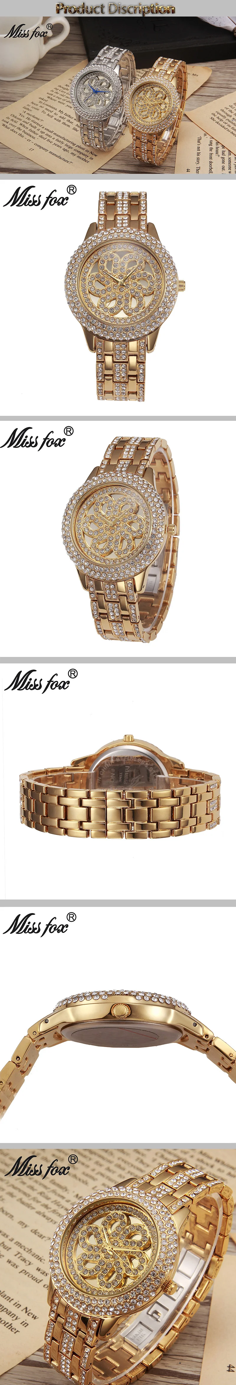 MISSFOX золотые часы женские часы со стразами люксовый бренд хрустальные золотые часы розовые женские часы Xfcs водонепроницаемые противоударные часы