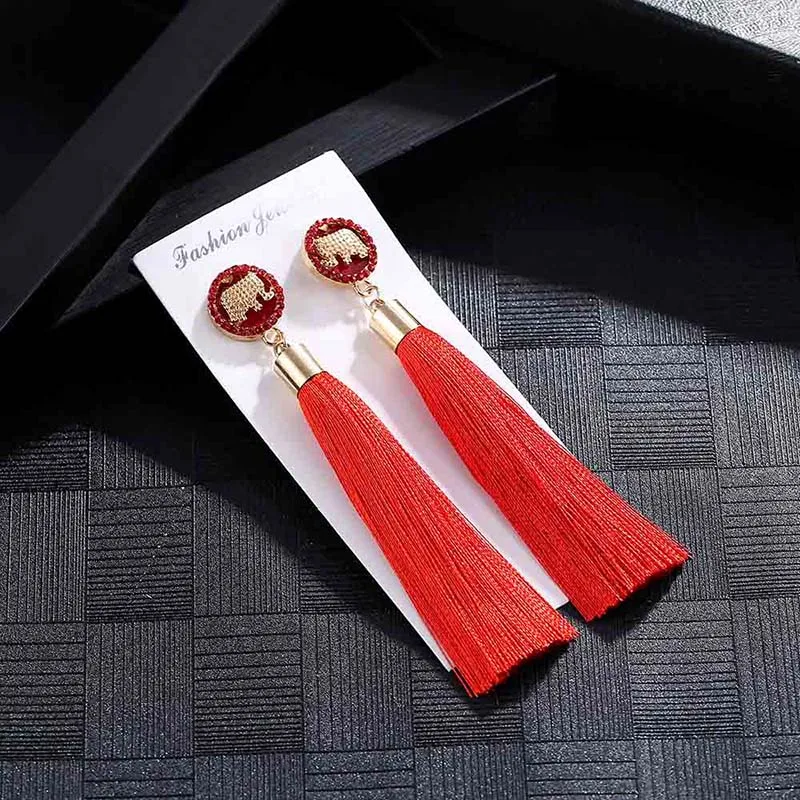 E6096 Trendy Drop Earrings ElephantWomenLongBohemianBlueSilkBalckDangleMetalBohoGold Tassel Earrings 2018 Jewelry