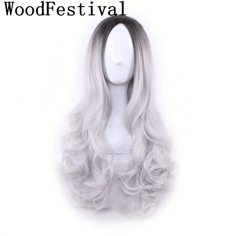 

WOODFESTIVAL long straight wig synthetic wigs gradient dark root wig ombre grey pink green purple women hair wigs heat resistant