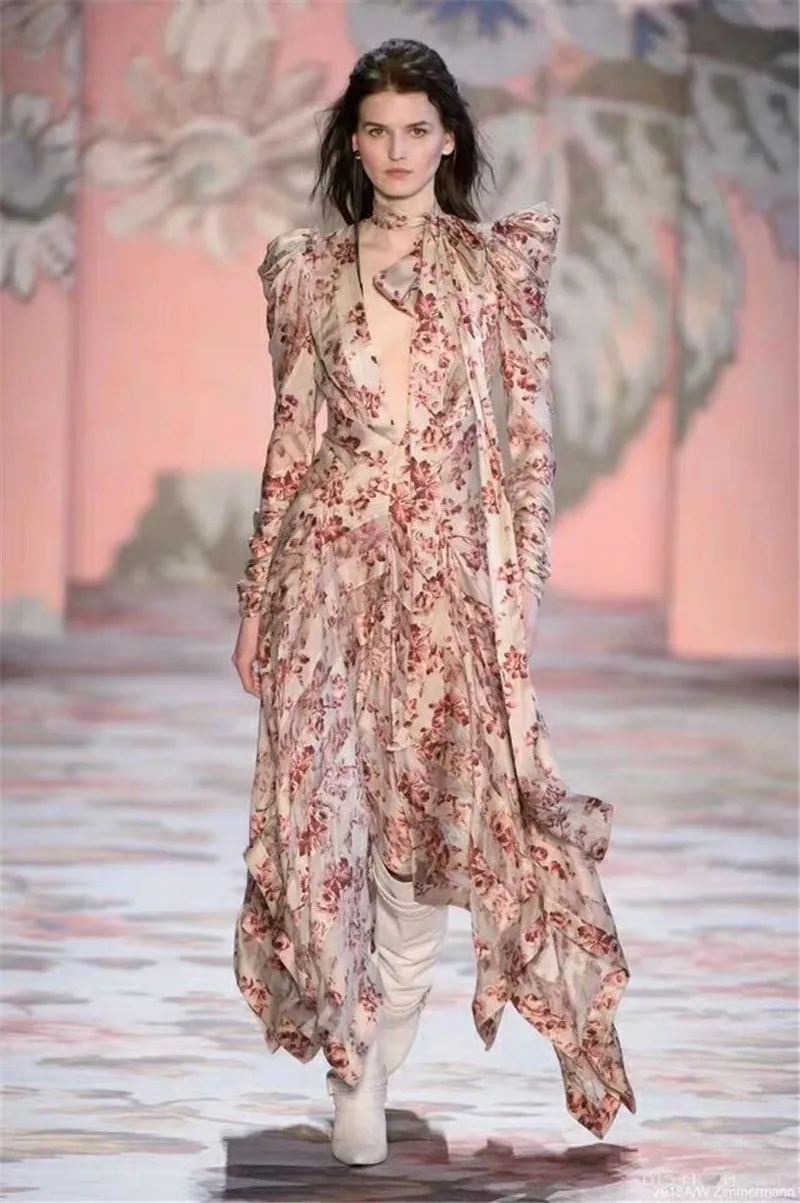 

New Arrival Flowers Printed Long Dress 2019 Early Autumn Fashion Long Sleeve Colorful Spliced A-line High Quality Women Dress