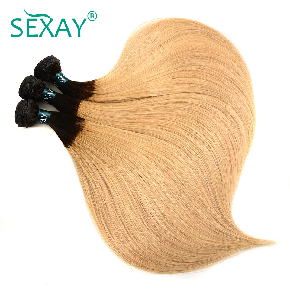 Sexay Ombre бразильский прямые волосы 4bundles не Волосы remy с закрытием T1B/27 Русый Ombre человеческих волос ткань с закрытием кружева