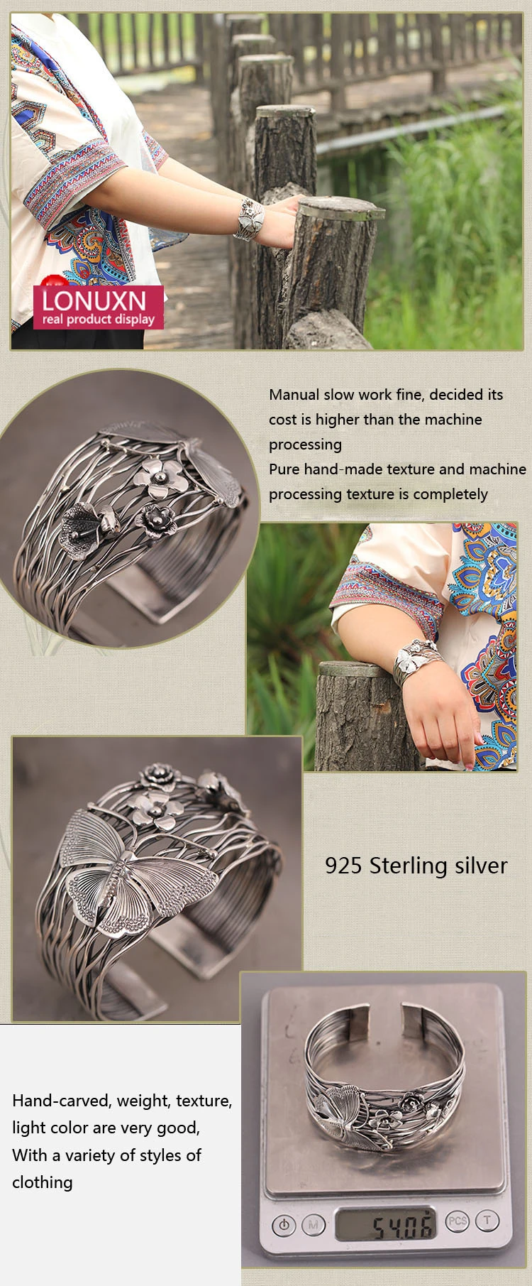 Чистый 925 пробы Серебряный браслет для женщин широкий 42 мм Таиланд ручной работы Бабочка Цветы Открытый браслет полые женские ювелирные изделия