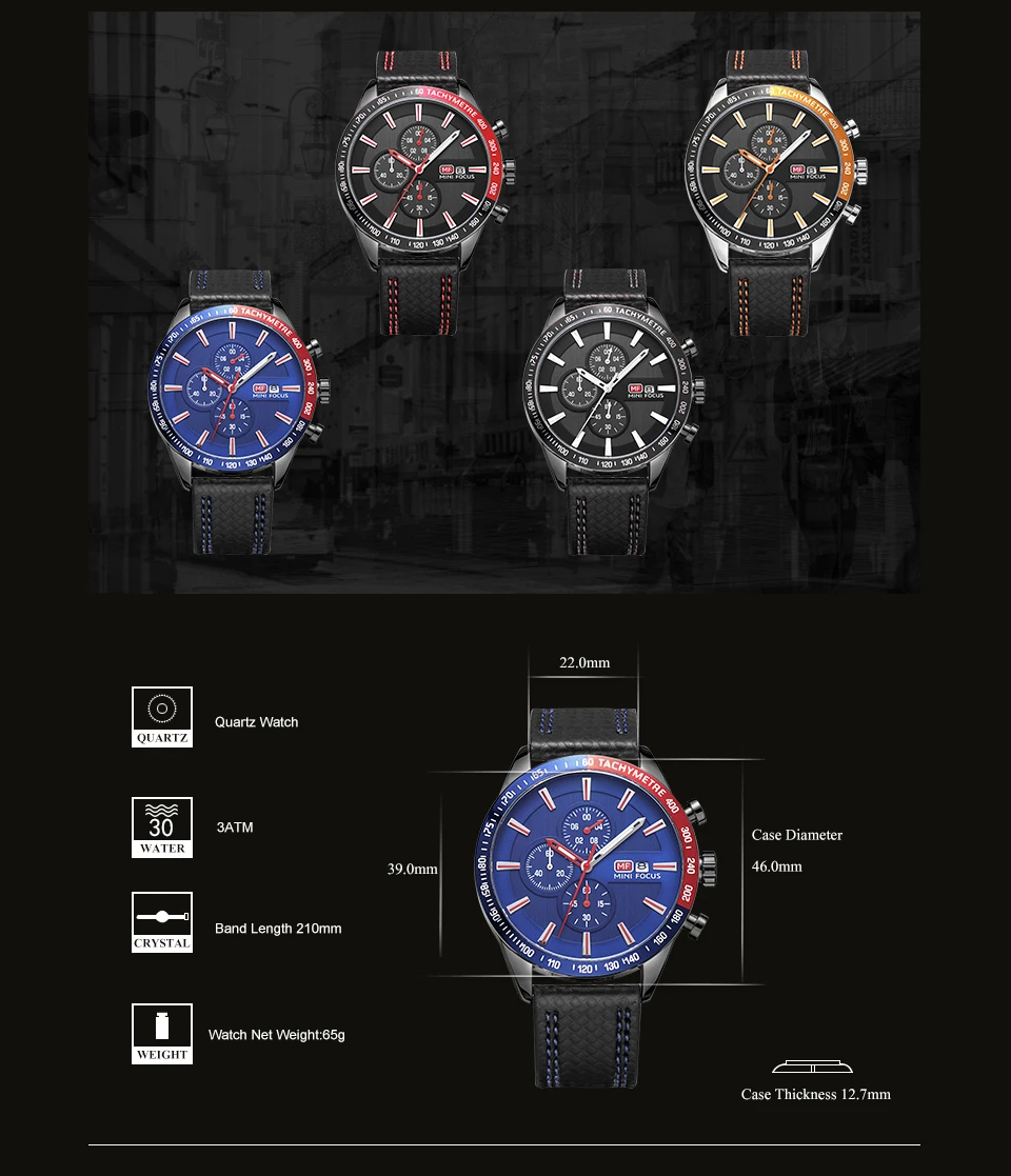 Мини-фокус модные спортивные кварцевые часы мужские 3 Sub-dial 6 Hands Chrono Многофункциональный контрастный цвет шикарные наручные часы для мальчиков+ коробка