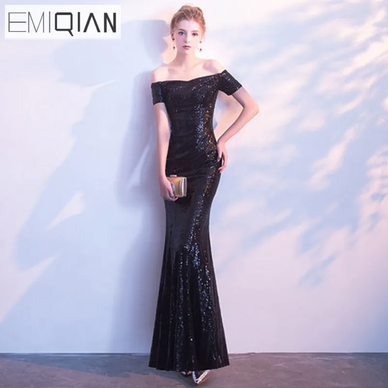 

Evening Dress Long Sparkle EMIQIAN 2018 New Boat Neck Women Elegant Sequin Mermaid Maxi Evening Party Gown Dres