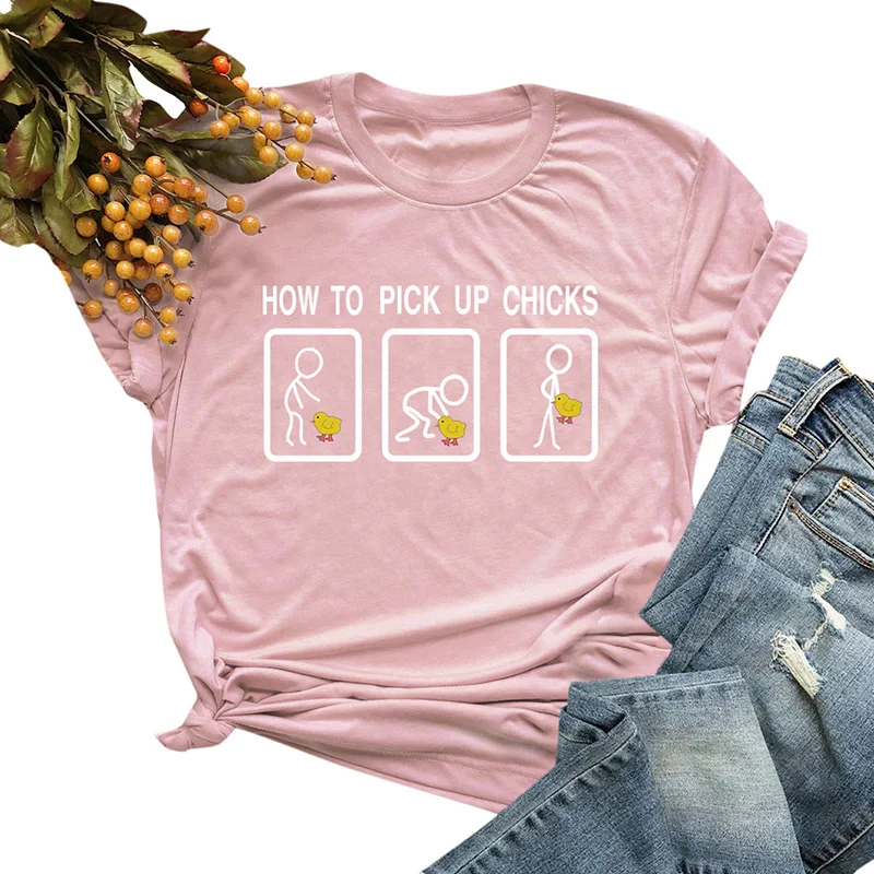 Romacci/Повседневная хлопковая Футболка для женщин, футболка с надписью «HOW TO PICK UP CHICKS» и мультипликационным принтом, Забавные топы с коротким рукавом и круглым вырезом - Цвет: Розовый