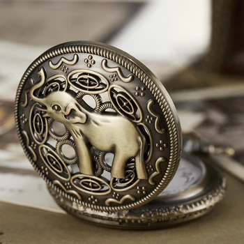 

Pocket Watch Fob Chain Small Elephant Ganesha Flip Clock Mens Bronze Vintage Watch for Men Women India Animal Watch for Gifts