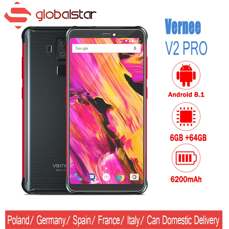 Vernee V2 PRO IP68 Водонепроницаемый Android 8,1 мобильный телефон 5,99 "FHD + Дисплей MTK6763 Восьмиядерный 6 ГБ + 6 4G B четыре камеры 6200 мАч 4G NFC