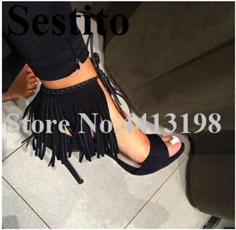 

New Fashion Summer Solid Fringe Casual Sandals Peep Toe Super Stiletto Heels Women Sandals Ankle Lace-up Cover Heel Women Shoes