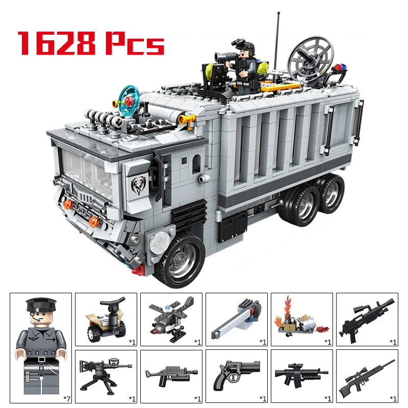 

1628Pcs Military 2IN1 Mobile Command Post Deformation Model Building Blocks Compatible Legoings Police Ww2 Gun Strike Boy Toys