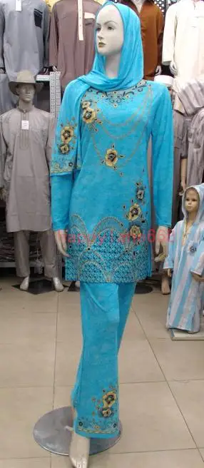 Женская мусульманская одежда мусульманское платье традиционная мусульманская одежда абайя женский мусульманский костюм комплект с платком - Цвет: Синий