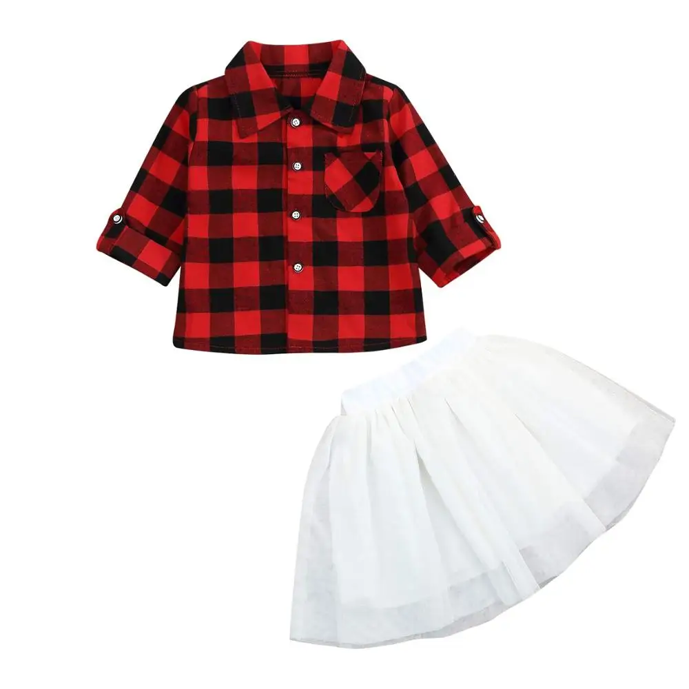 

Infant Toddler Girls Clothes Set Plaid Button Flannel Top + White Mini Veil Skirt 2PCS Princess Baby Clothing Skirt Set