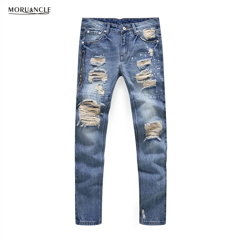 MORUANCLE New Fashion Mens Ripped Jeans Pants With Zipper Streetwear Distressed Denim Joggers Male Torn Trousers
