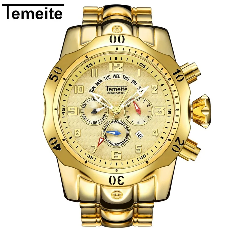 

TEMEITE brand men's big clocks Multifunction mens watch quartz Large dial steel man wristwatch waterproof luxury gold watches