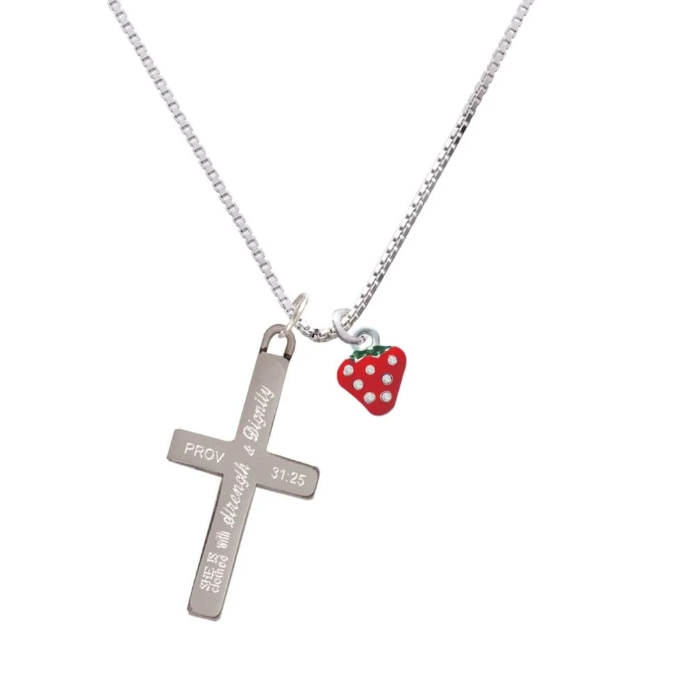 Mini Red Strawberry with Clear Crystals - Strength and Dignity - Cross Necklace