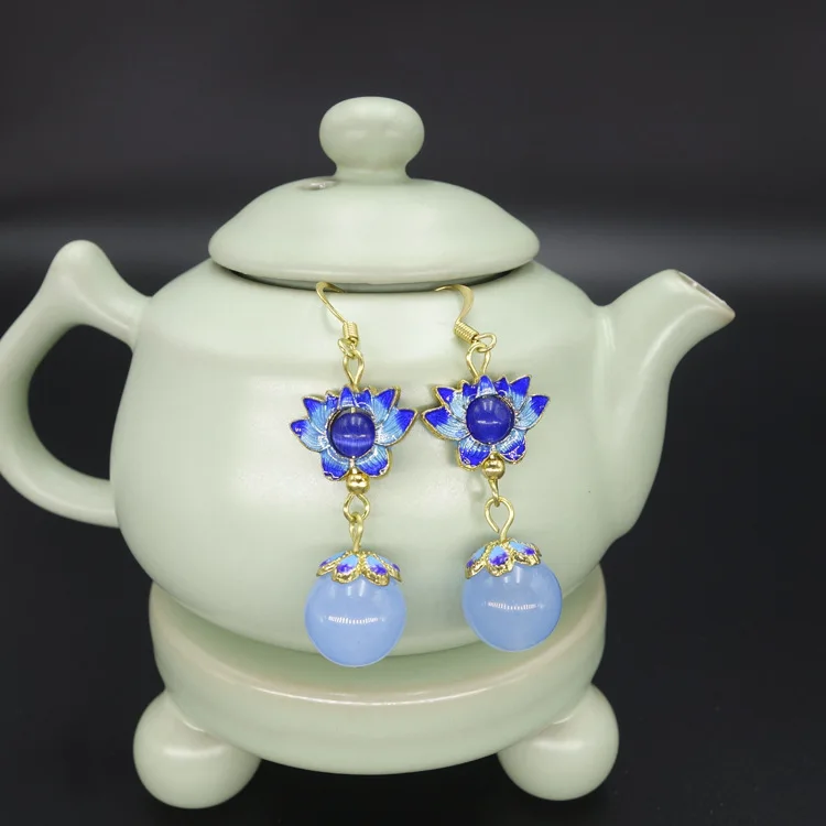 

FREE SHIPPING Beautiful Glazed Chinese Cloisonne Blue Lotus Flower Earrings Hanging Light Blue Chalcedony Beads Ethnic Jewelry