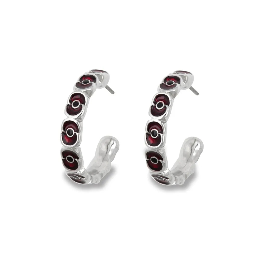 

White Gold Ruby Red Enamel Red Poppy Flowers Earrings