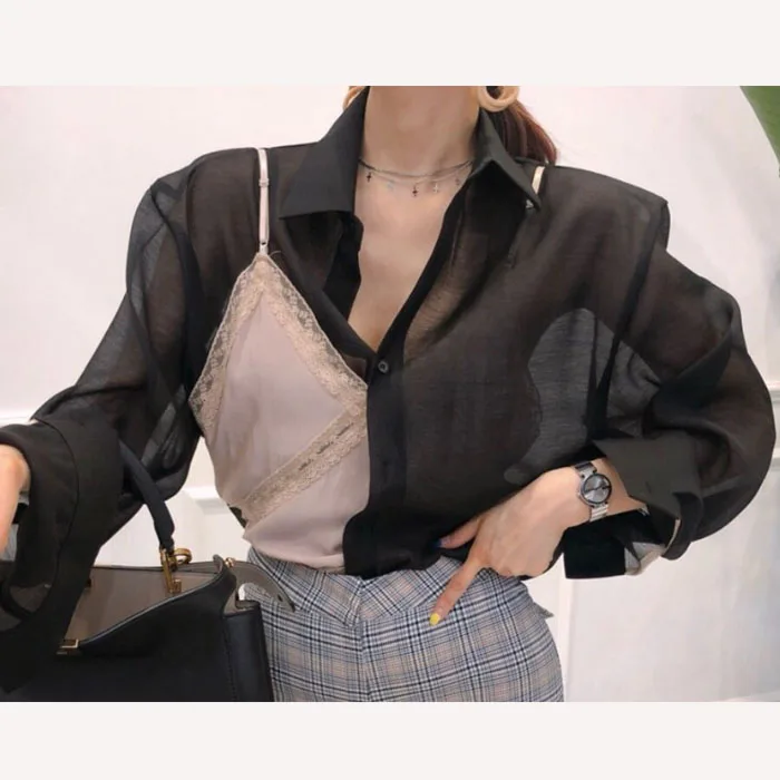 RUGOD Сексуальная шифоновая Прозрачная женская блузка модная из двух частей Спагетти Степ Лоскутные женские рубашки элегантная рубашка с длинным рукавом