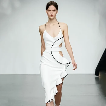 

2019 Dress Sexy Celebrity Backless Elegant Ruffles Hollow Out Women Spaghetti Strap Night Club Body con Party Dresses Wholesale