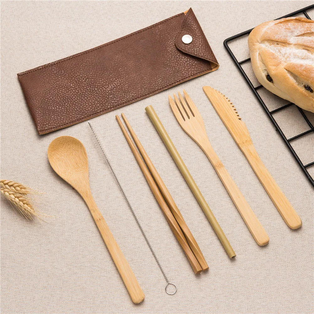 

Portable Wooden Tableware Set Travel Tableware Wooden Chopsticks Knife Fork Spoon Straw Set Brush Cloth Bag Home Tableware Set