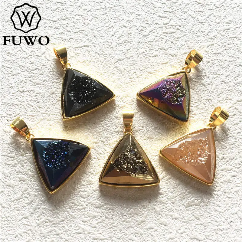 FUWO Wholesale 5Pcs Natural Druzy Titanium Connector Pendant,Golden Plated Bezel Faceted Rainbow Quartz For Jewelry Making PD242 2