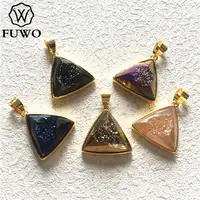 FUWO Wholesale 5Pcs Natural Druzy Titanium Connector Pendant,Golden Plated Bezel Faceted Rainbow Quartz For Jewelry Making PD242 2