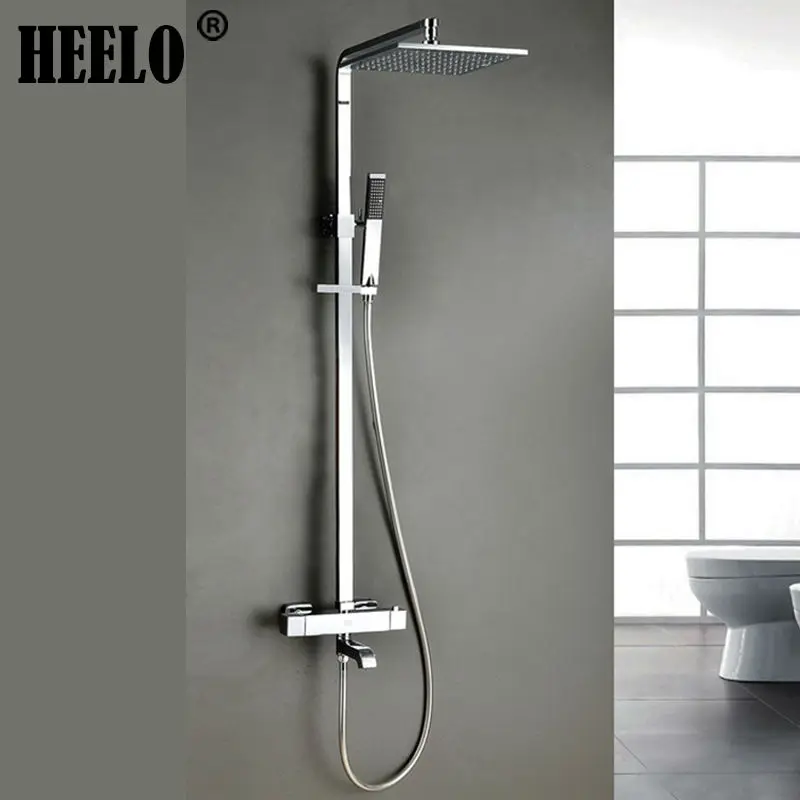 Square wall mounted chrome thermostatic shower column rain shower faucet bathroom bath mixer