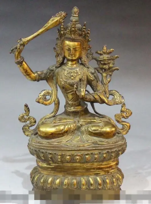 

S01413 11" Tibet Bronze 24K Gold Manjushri Bodhisattva Kwanyin Hold Sword Buddha Statue (B0328)