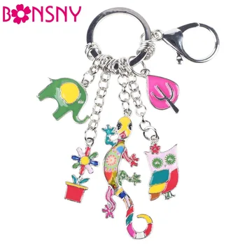 

Bonsny 2016 Enamel Alloy Gecko Lizard Owl Elephant Alloy Key Chain For Women Girl Bag Keychain Charm Metal Jewelry Aceessories