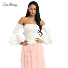 Tina beauty Лето женские белые расклешенные рукава Slash шеи короткий топ сексуальный с плеча Тонкий Топ без спины