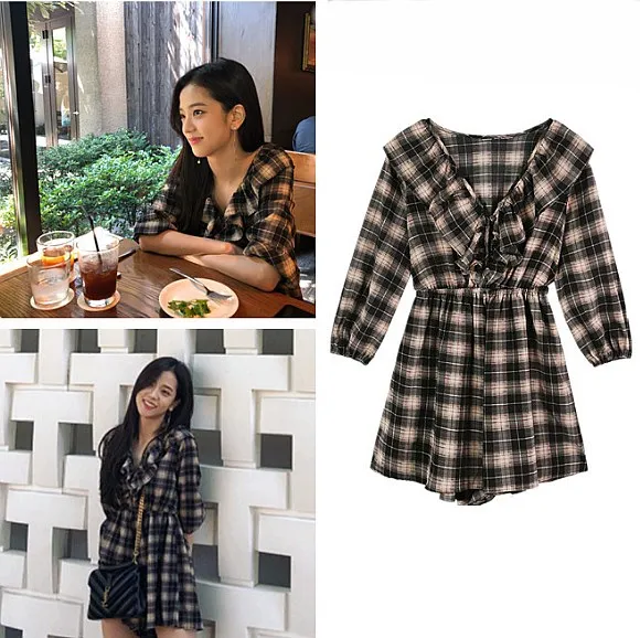 

kpop BLACKPINK Jisoo 2019 new summer Korean V-neck plaid high waist dress women sweet streetwear dresses female Harajuku clothes