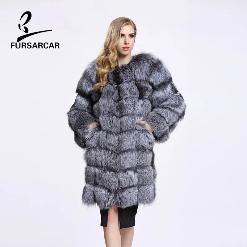 Женское меховое пальто из натурального меха лисы FURSARCAR зимнее длинное теплое с