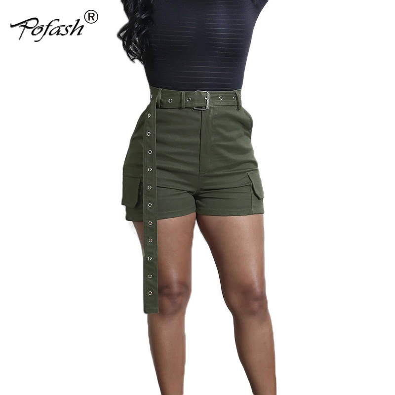 Pofash New 2018 Summer Short Pants Women Army Green Pants With Pocket
