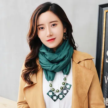 

TagerWilen Pendant Scarf Necklace Resin Necklaces For Women Chiffon Scarves Crystal Pearls Jewelry Wrap Female Accessories X-09