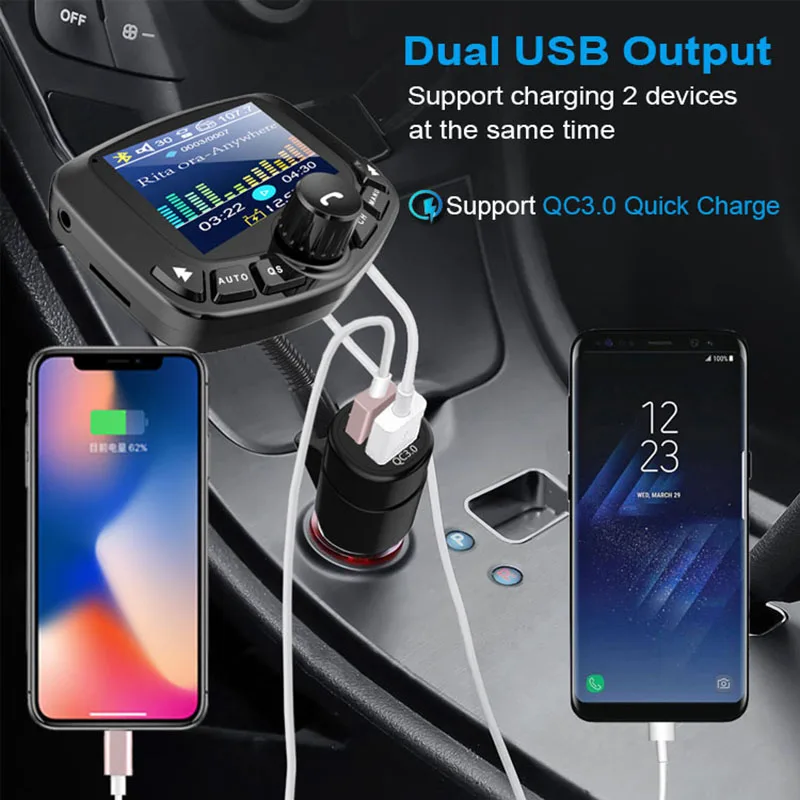 JINSER quick charge 3,0, Автомобильный Bluetooth 5,0, fm-передатчик, mp3-плеер, два порта usb, автомобильное зарядное устройство, fm-модулятор, автомобильная зажигалка, Handfree