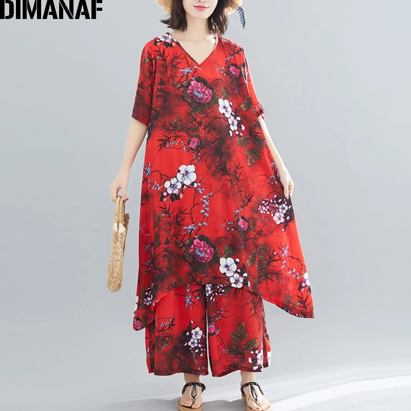 

DIMANAF Plus Size Women Sets Loose Big Size Female Lady Tops Shirt Long Pants Elegant Vintage Suit Print Floral 2019 Summer Red