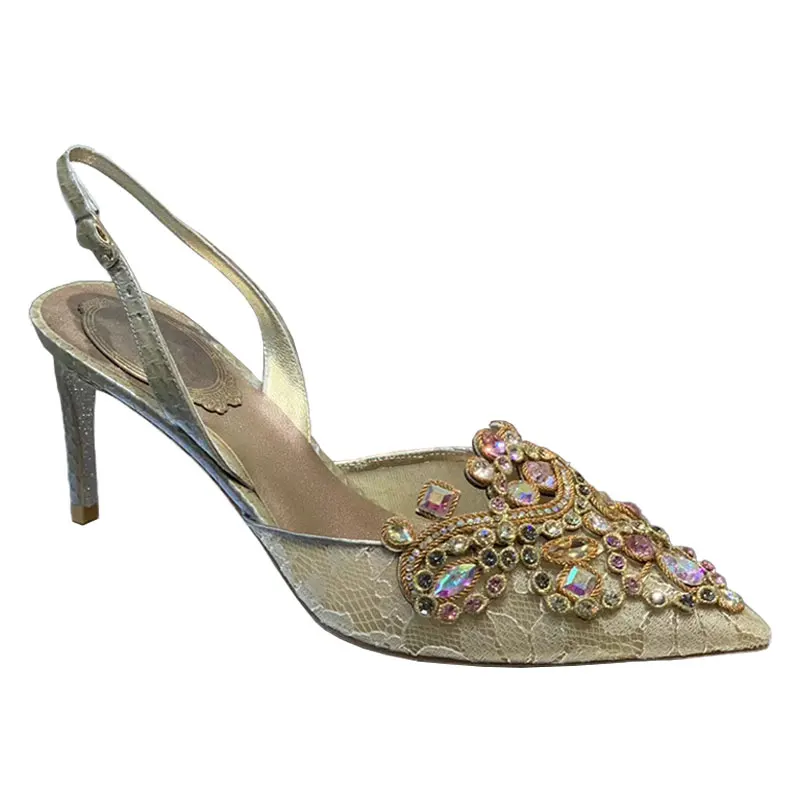 

Golden leather Lace slingback pumps Summer Women ankle boots heels crystal embellishments sandal heels