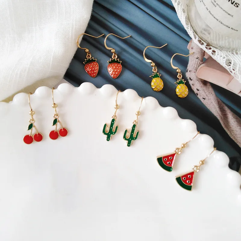 2019 корейские модные милые фрукты Висячие серьги маленькая вишня клубника ананас