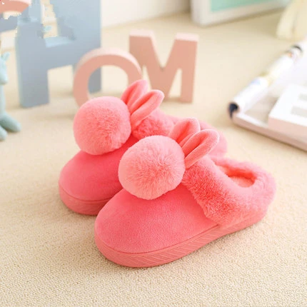 Детская домашняя мягкая обувь; детские тапочки для мальчиков и девочек; теплые весенне-зимние тапочки для мальчиков и девочек; милая детская обувь с кроликом - Цвет: rosy
