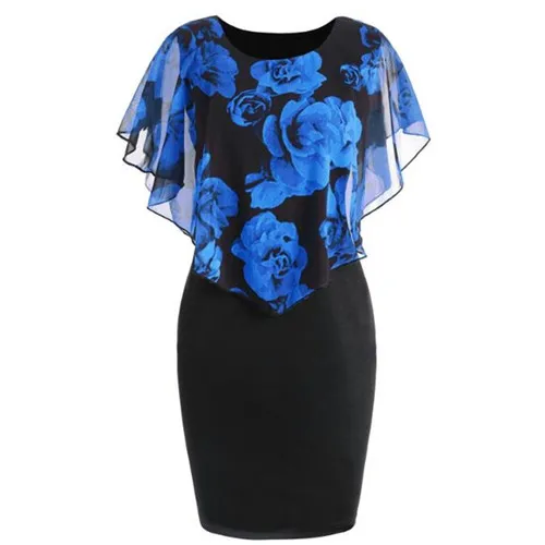 Большой размер, женское летнее новое платье с накидкой, рукава с принтом розы, обтягивающее облегающее платье-карандаш размера плюс 5XL, повседневное офисное женское платье Vestidos - Цвет: QYL T424-501 Blue